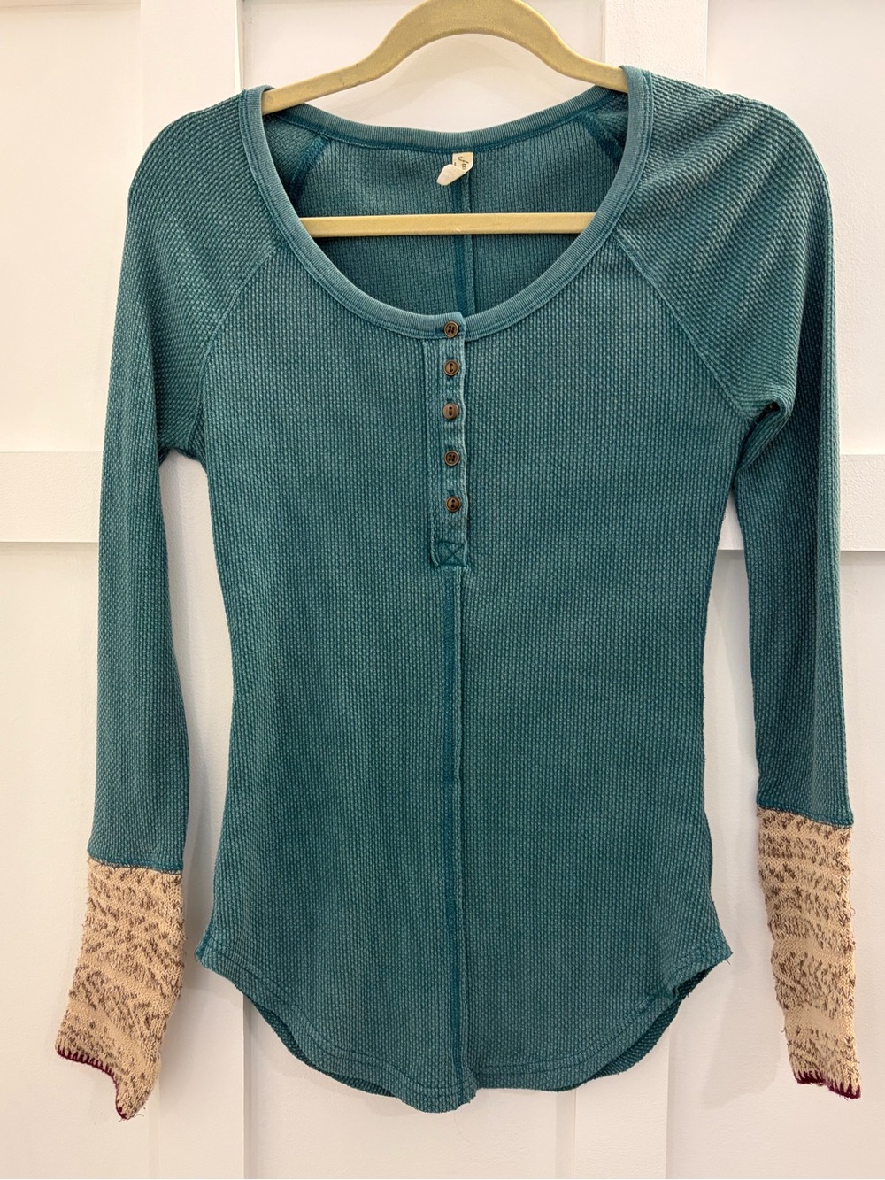 Free People Teal Waffle Henley Long-Sleeve Top with Cream Contrast Cuffs
